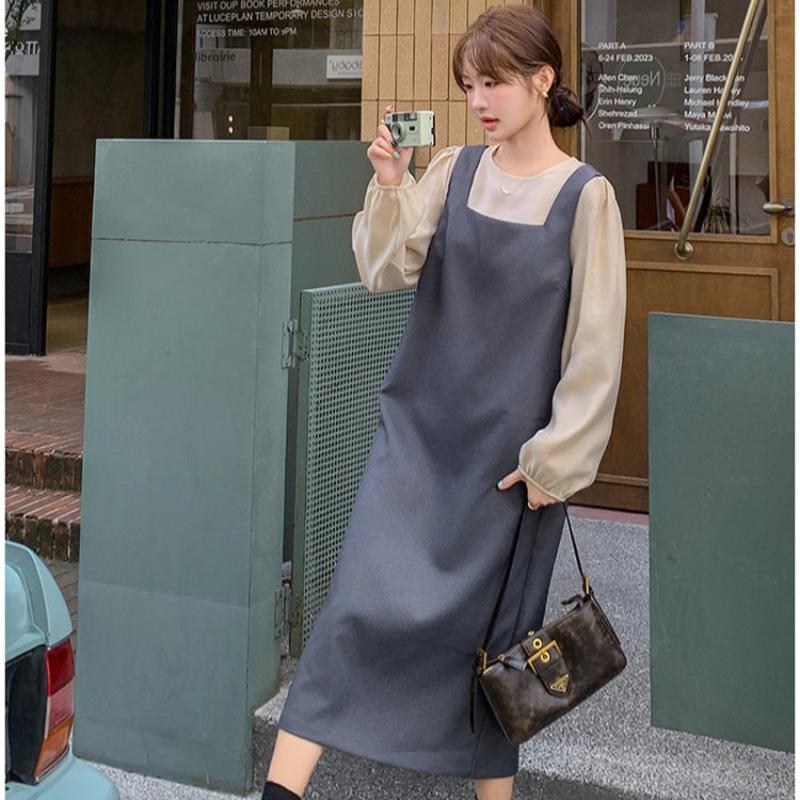 ノーカラーブラウス×バックリボンワンピースセットアップ