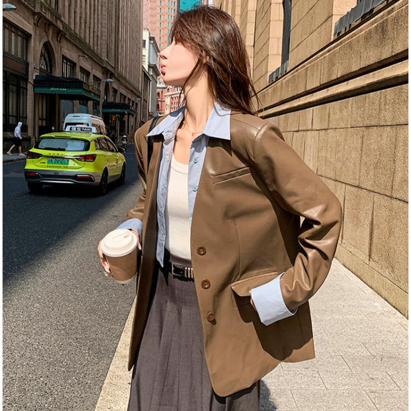 ノーカラーVラインPUレザージャケット