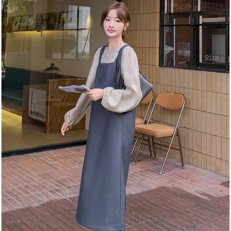 ノーカラーブラウス×バックリボンワンピースセットアップ