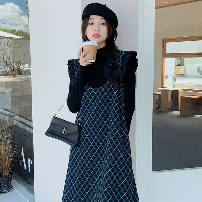 Aラインチェック柄ジャンパースカート(2colors)