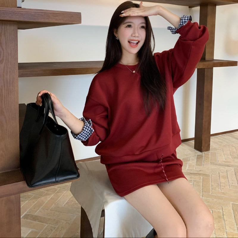 チェックカフストップス×ミニスカート(3colors)
