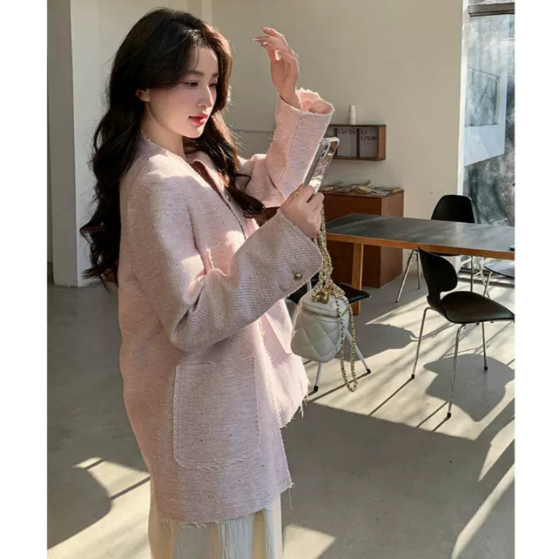 エレガントノーカラーツイードジャケット(3colors)