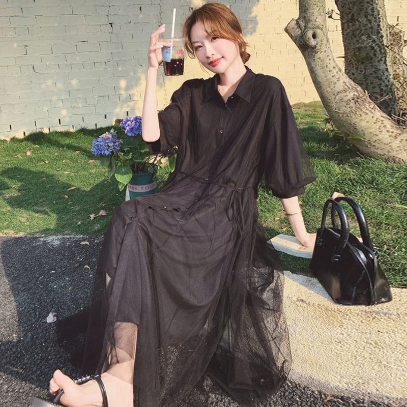 メッシュドッキングシャツワンピース