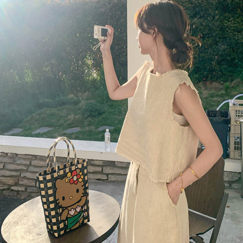 ノースリーブトップス×ワイドレッグパンツスーツ(2colors)