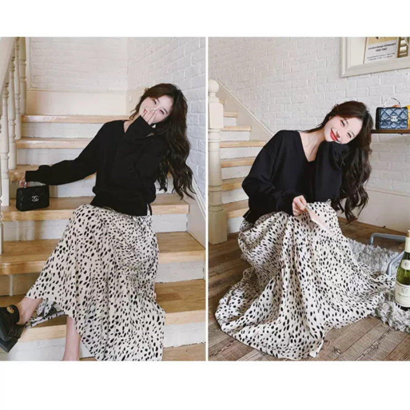 【即納】Vネックトップス×ダルメシアンスカートドッキングワンピース