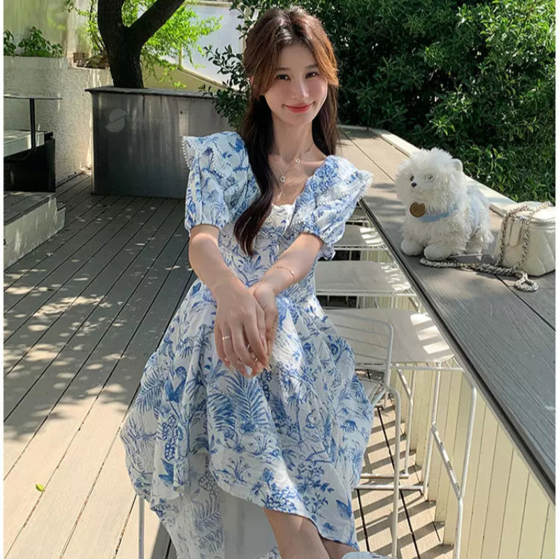 ラッフルカラーボタニカルプリントワンピ