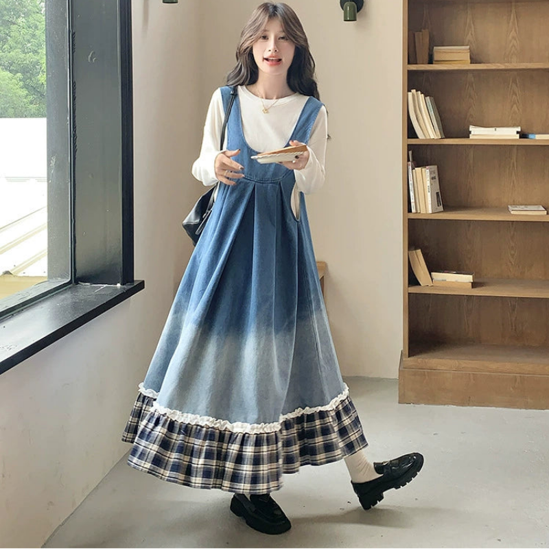 トリムチェックデニムジャンパースカート