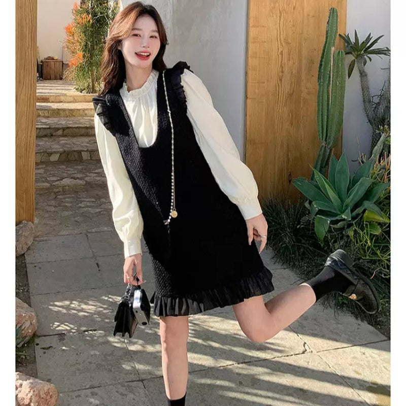 スタンドフリルブラウス×ポーチデザインワンピースセットアップ