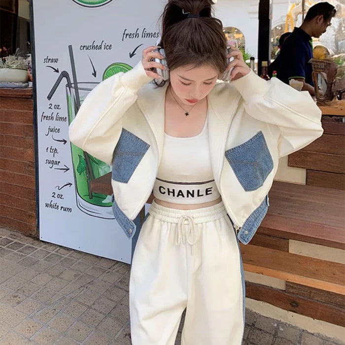 デニムパッチワークスウェットトップス×パンツ(2colors)