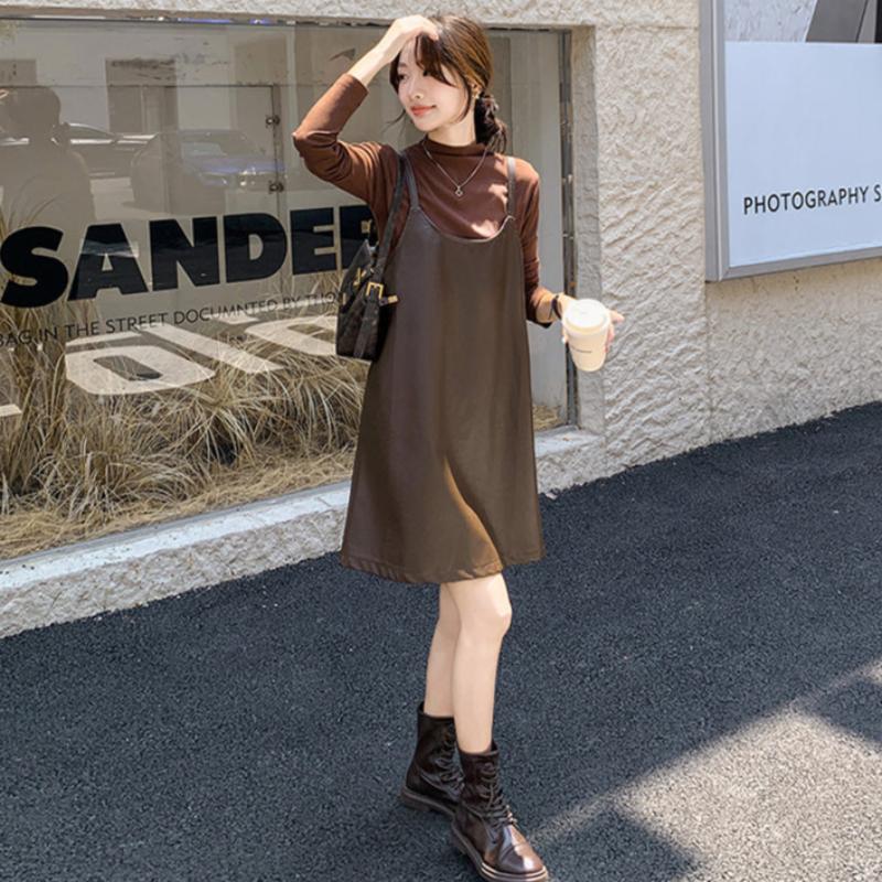 タートルトップス×PUレザーワンピースセット(2colors)