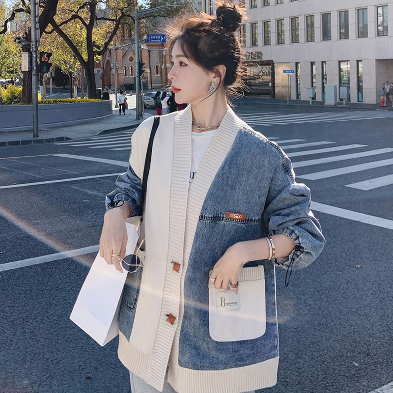 異素材MIXデザインニット×デニムジャケット