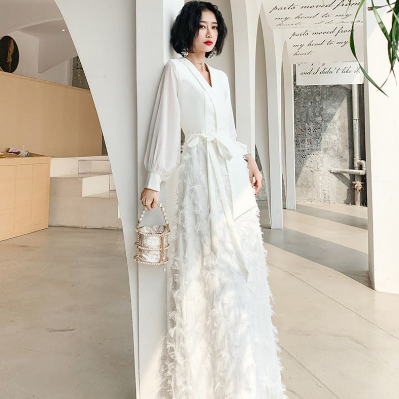 ショールカラーフェザー切り替えドレス(2colors)