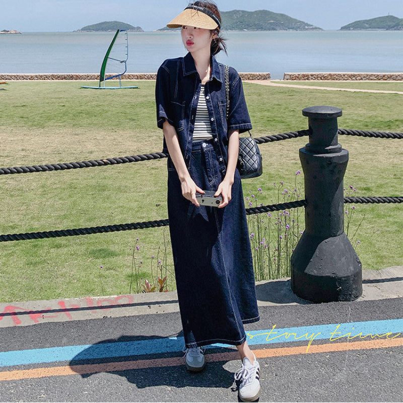 デニムシャツ×スカートセットアップ