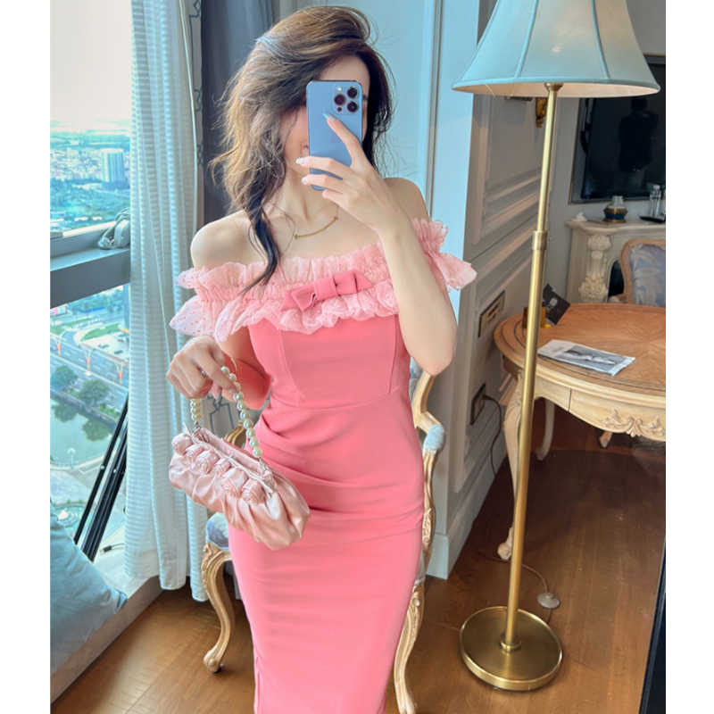 フロントリボンシアーフリルコンビオフショルダーペンシルワンピース