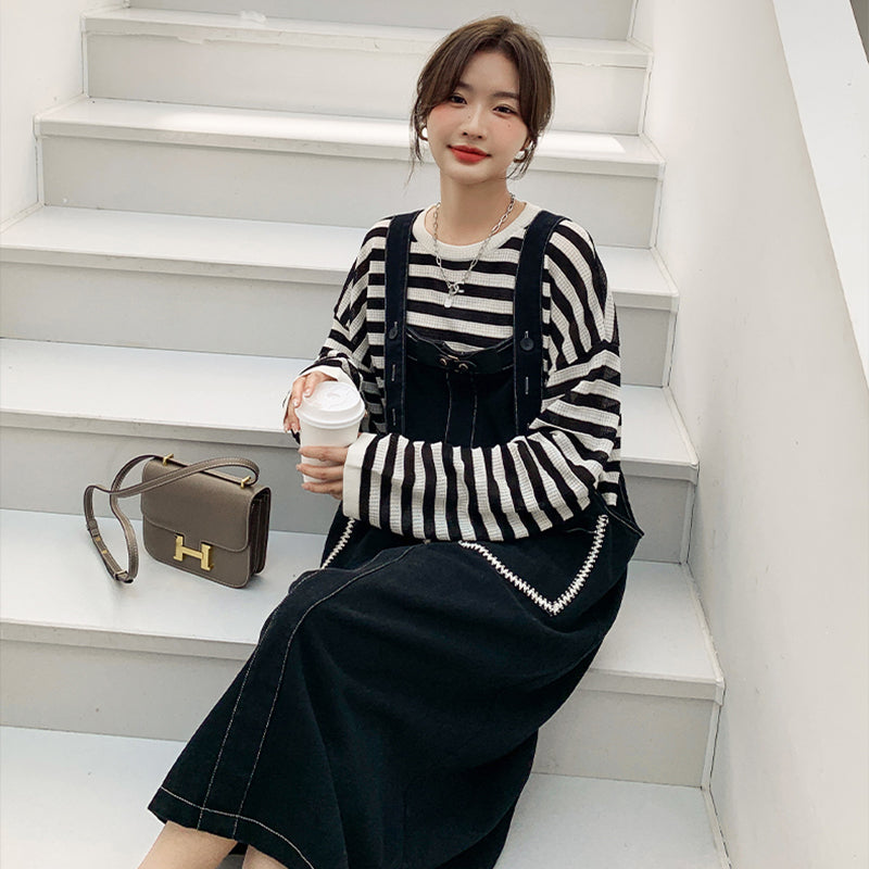 カジュアルボーダートップス×デニムサロペットワンピースセット