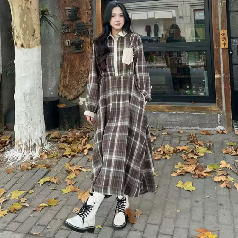 レトロブラウンチェックシャツワンピース(茶)春/秋 クラシカルな