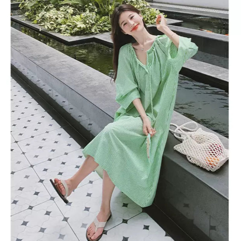 グリーンストライプシャツワンピース