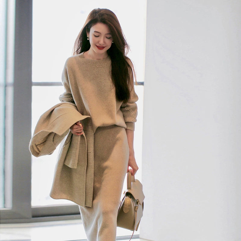 ステッチスリーブニット×スカートツーピースセット(3colors)