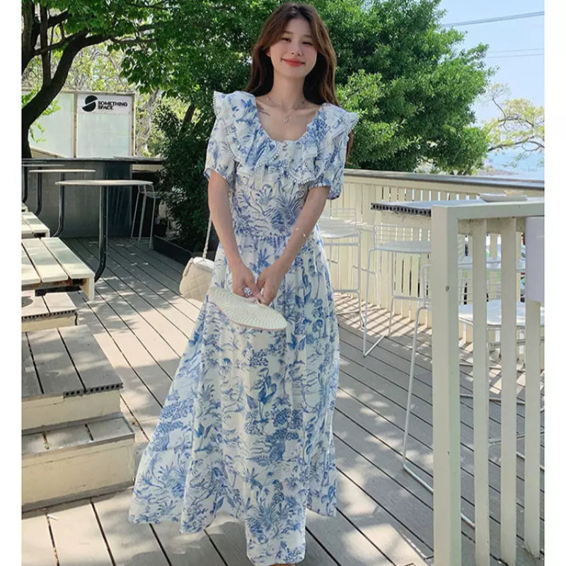 ラッフルカラーボタニカルプリントワンピ