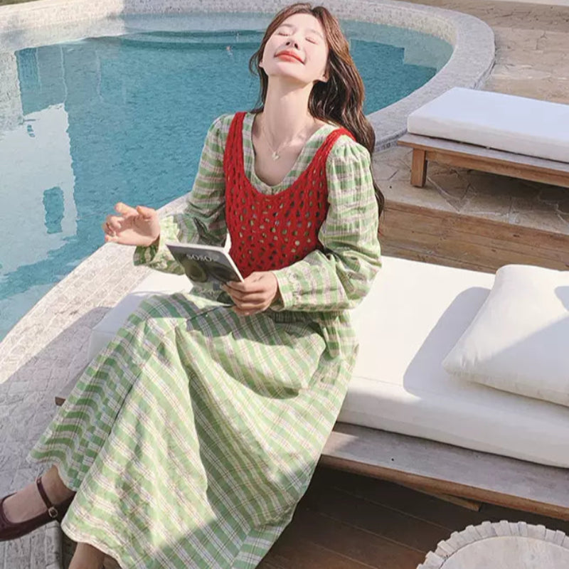レースベスト×グリーンチェックワンピース