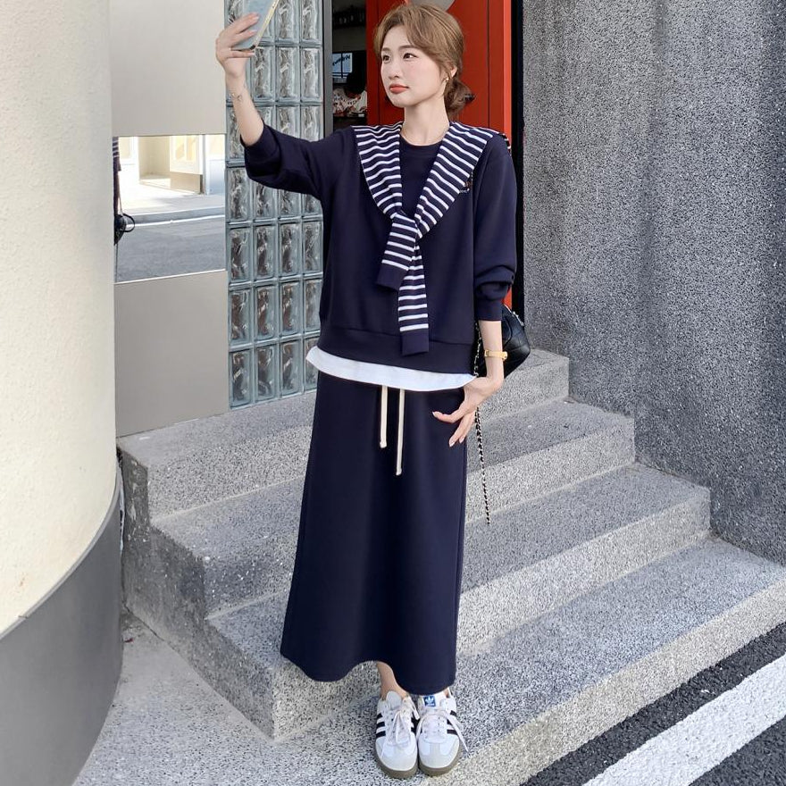 ボーダーショール付きスウェット×スカートセットアップ(2colors)