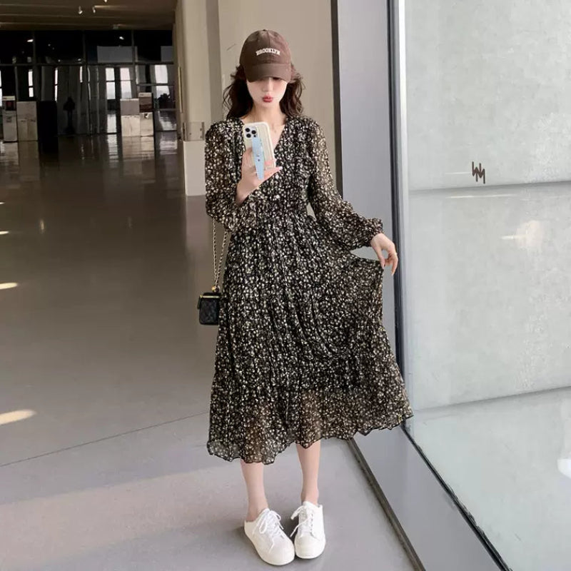 フレンチレトロフラワーシフォンワンピース