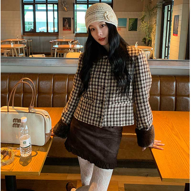 ファーカフスチェックショートコート