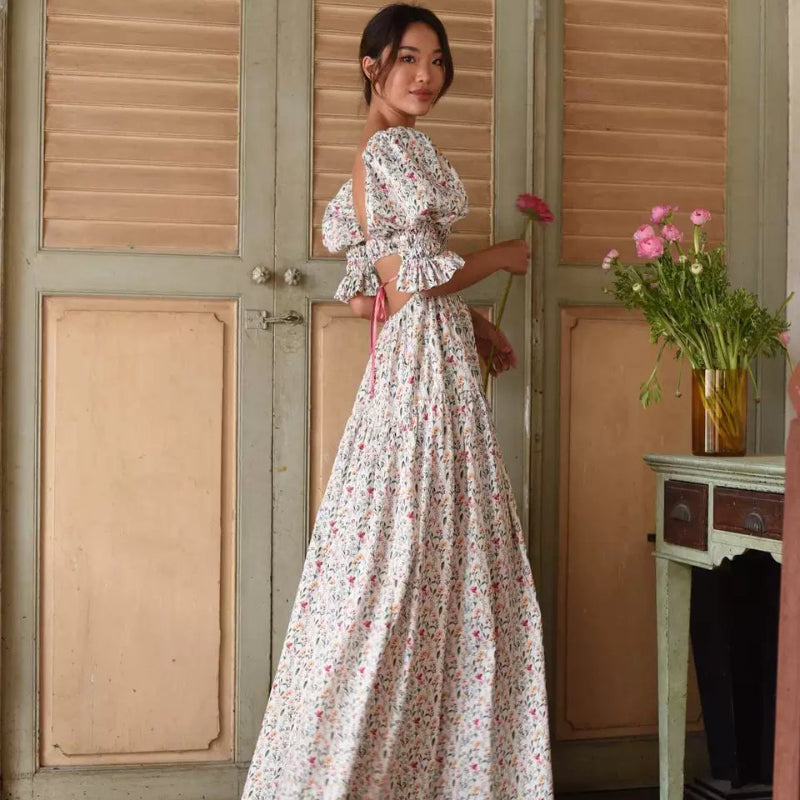 バックオープンフラワーロングワンピース