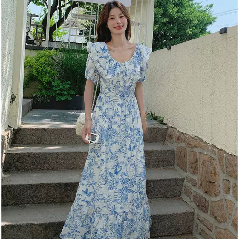 ラッフルカラーボタニカルプリントワンピ