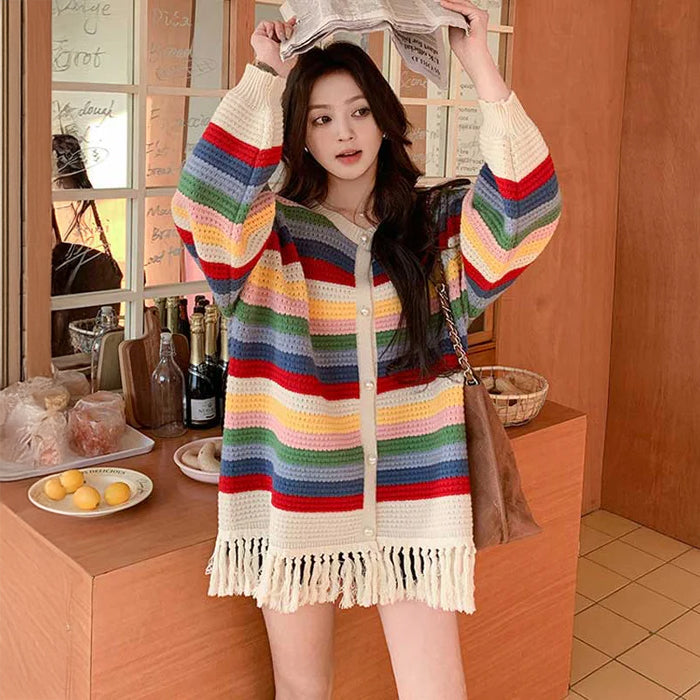 マルチボーダーフリンジカーディガン