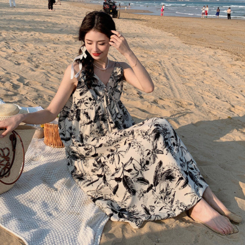 ダブルストラップボタニカルプリントワンピ