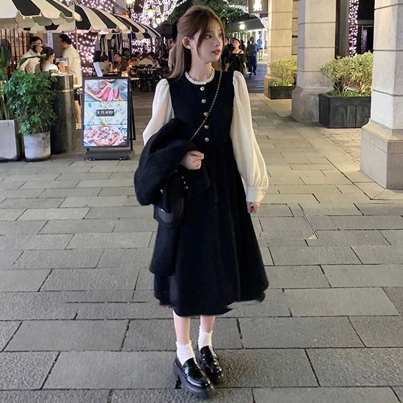 パフスリーブ切替ロングワンピース