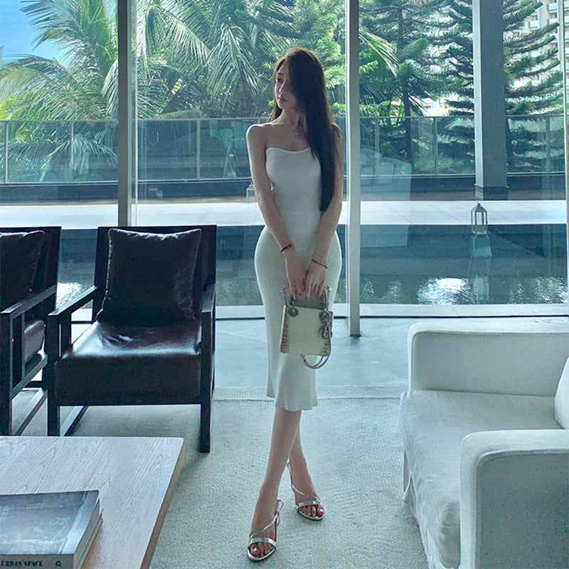 オフショルダーリブニットドレス