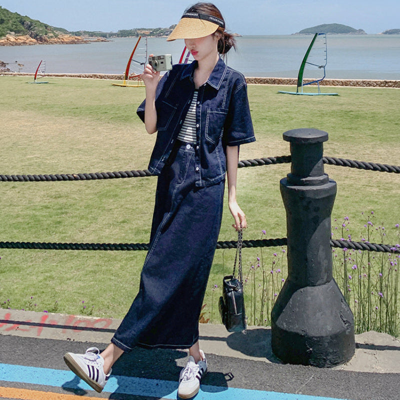 デニムシャツ×スカートセットアップ