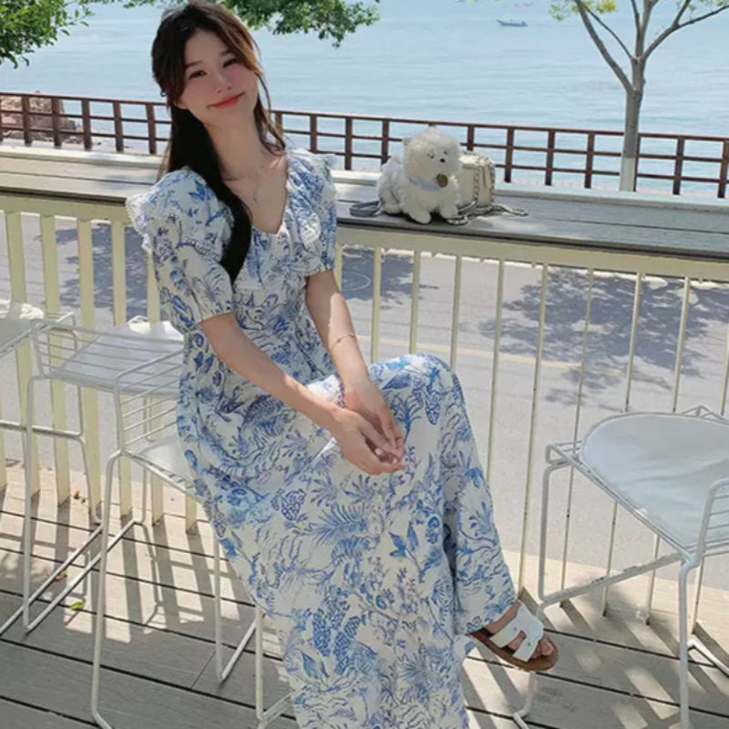 ラッフルカラーボタニカルプリントワンピ