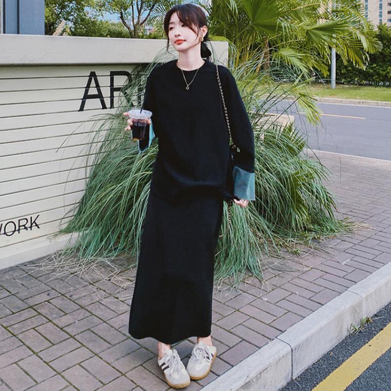 スウェットバイカラートップス×スカートセット