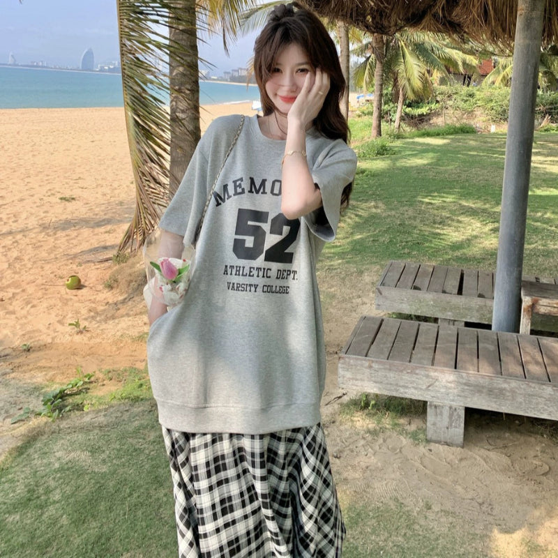 Tシャツ×チェックスカートドッキングワンピース