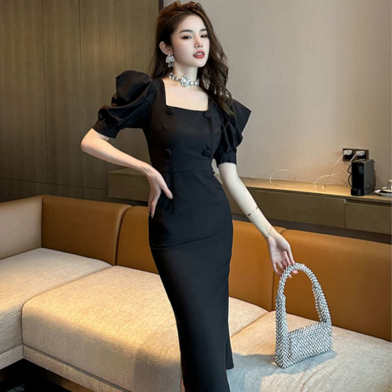 フロントボタンパワーショルダータイトワンピース(2colors)