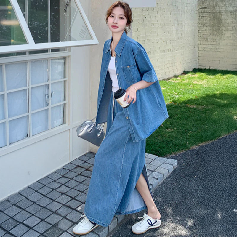 マチャット　デニムセットアップ　デニムシャツ　スカート デニムシャツ×スカートセットアップ（青）春/夏/秋 こなれ感抜群の