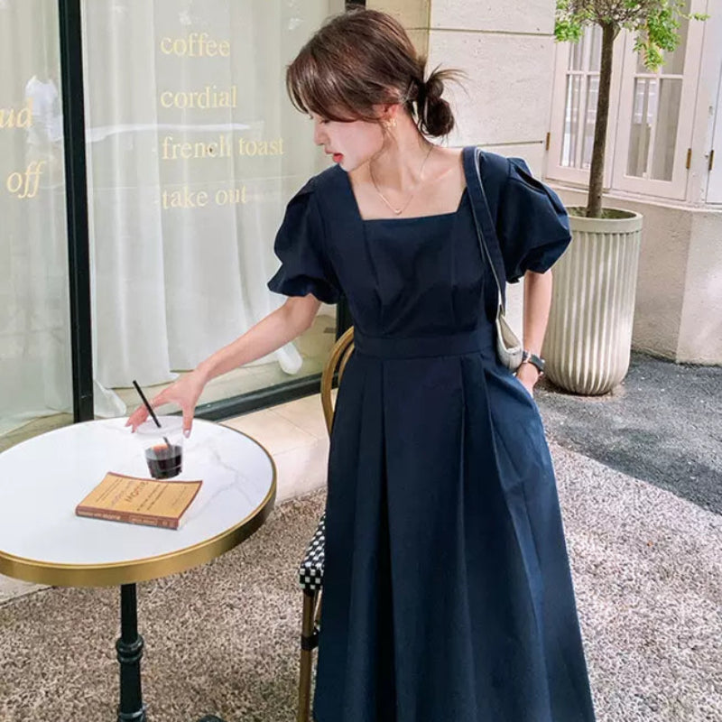 パフスリーブバックオープンワンピース(3colors)(紺・黄・茶)春/夏