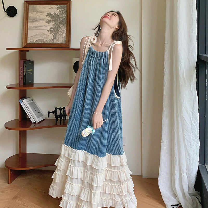 リボンキャミソール切り替えティアードワンピース