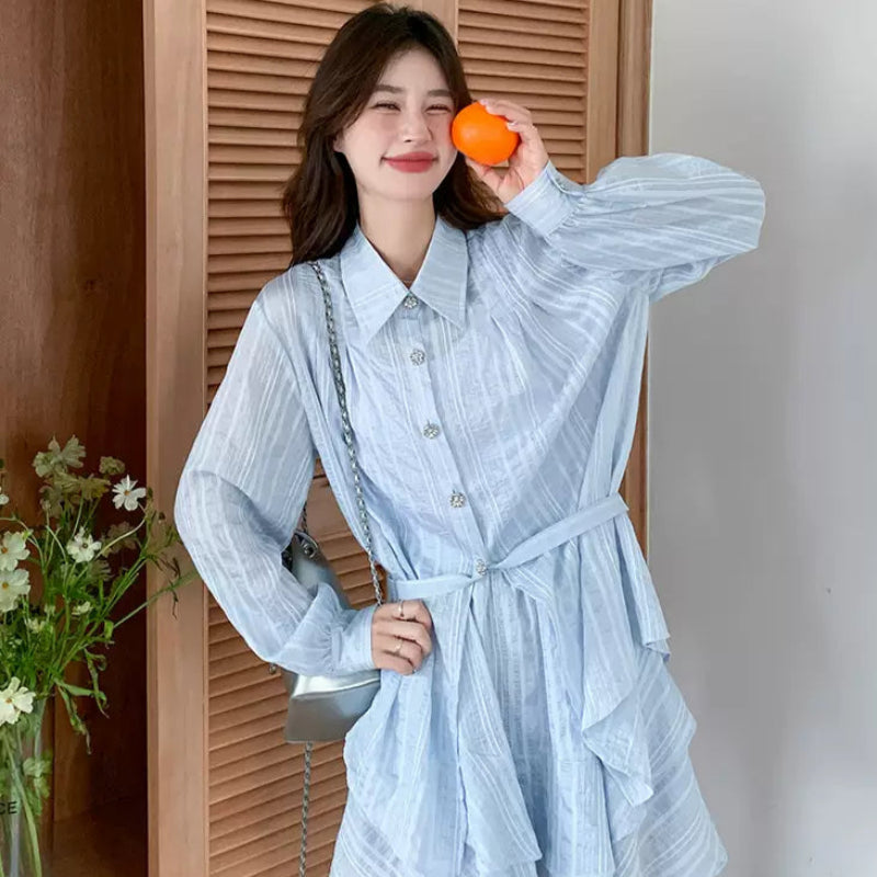 ライトブルーストライプシャツ×パンツセット