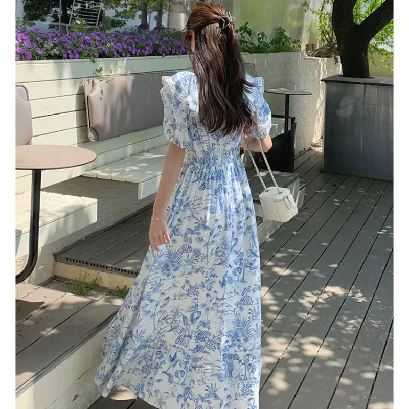 ラッフルカラーボタニカルプリントワンピ