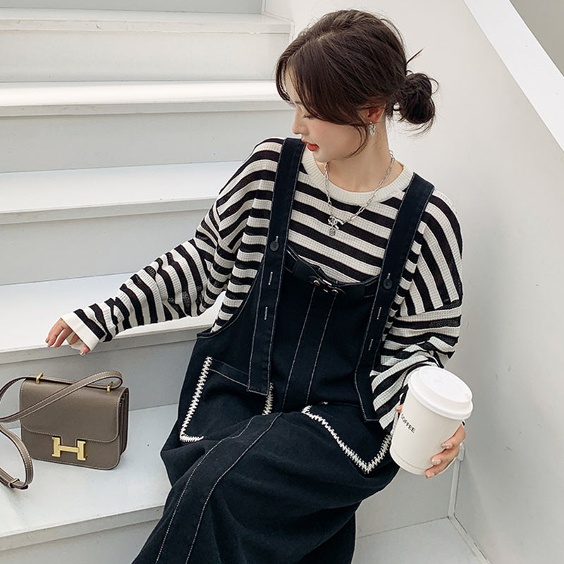 カジュアルボーダートップス×デニムサロペットワンピースセット