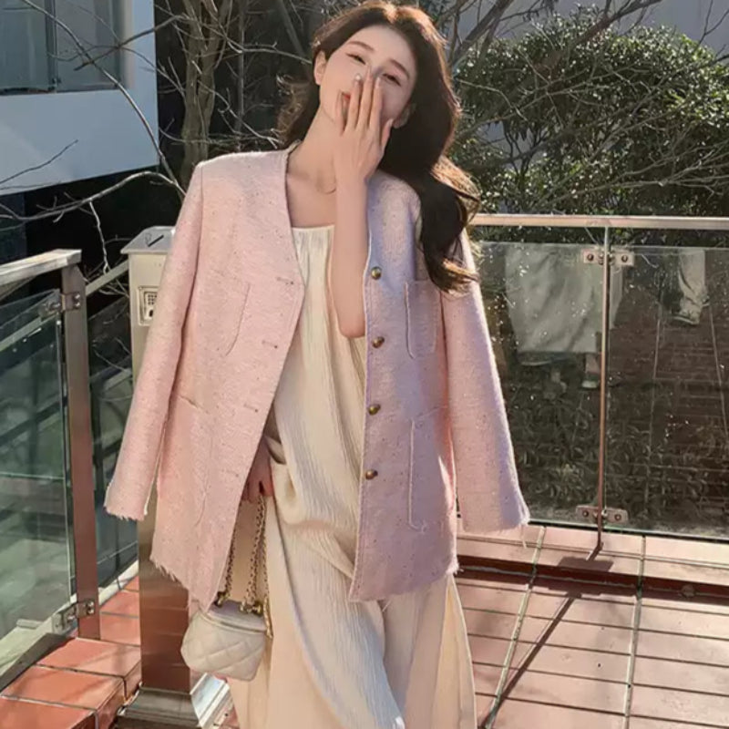 エレガントノーカラーツイードジャケット(3colors)