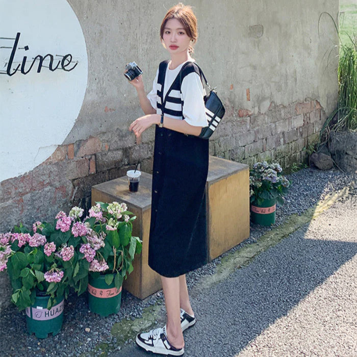 配色ボーダードッキングワンピース