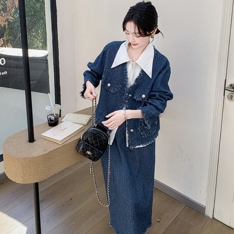 デニムジャケットスカートスーツ×ブラウス3点セット