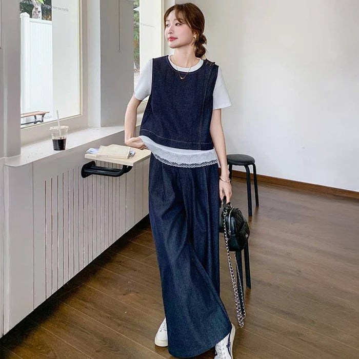 裾レースTシャツ×ワイドデニムセットアップ