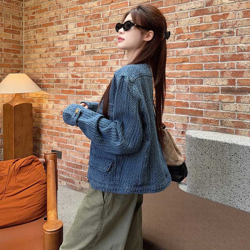 デニム風ノーカラージャケット