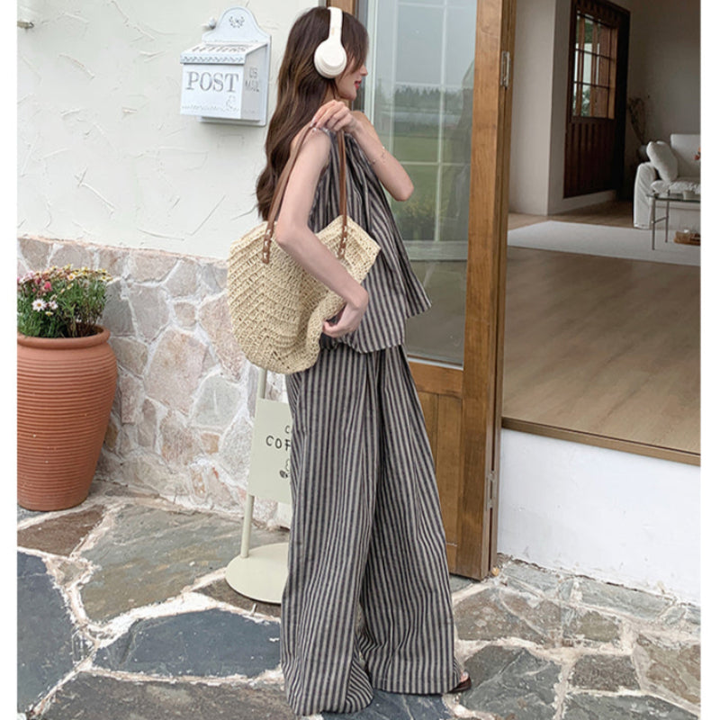 ストライプホルターネックトップス×パンツセット